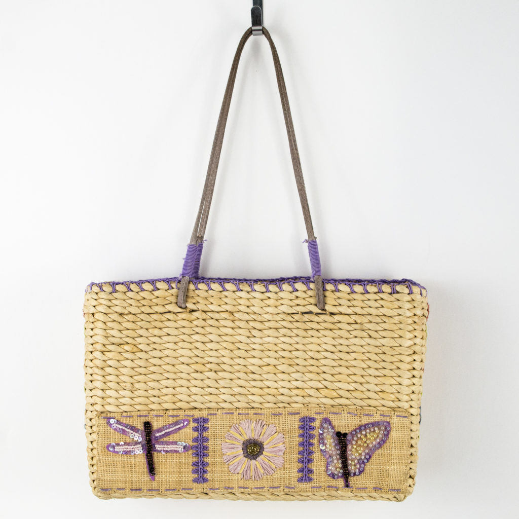 Beaded Raffia Straw Purse with purple