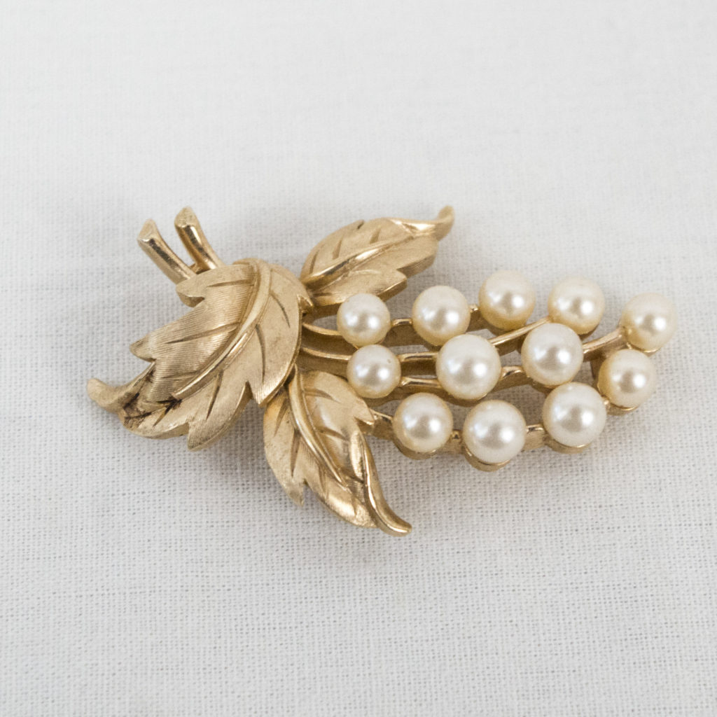 Crown Trifari Brooch Gold Tone Leaves Faux Pearl Signed Pin