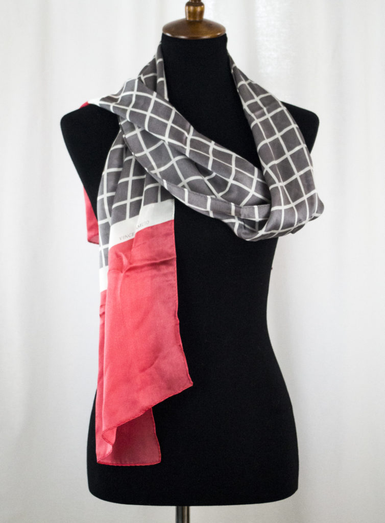 Silk Scarf Vince Camuto 68" x 14" Sheer Grey Squares Checks Pink 100% Silk