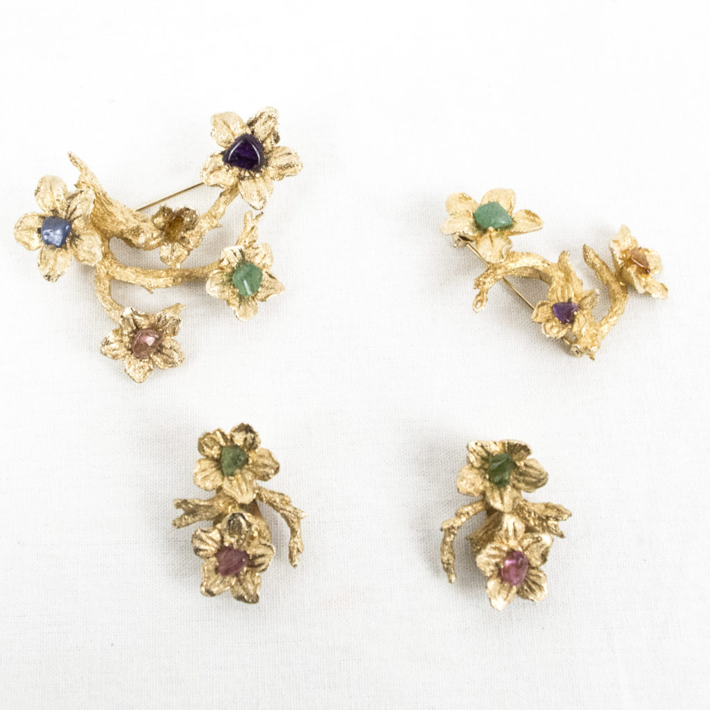 Swoboda Jewelry Set 2 Brooches n Clip Earring Semi Precious Stones Gold Tone Vtg